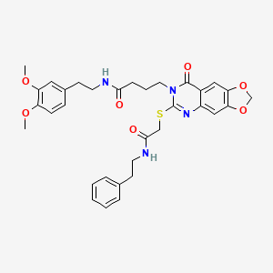 molecular formula C33H36N4O7S B2970290 N-(3,4-dimethoxyphenethyl)-4-(8-oxo-6-((2-oxo-2-(phenethylamino)ethyl)thio)-[1,3]dioxolo[4,5-g]quinazolin-7(8H)-yl)butanamide CAS No. 688060-66-4