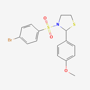 molecular formula C16H16BrNO3S2 B2970292 3-((4-Bromophenyl)sulfonyl)-2-(4-methoxyphenyl)thiazolidine CAS No. 397283-64-6