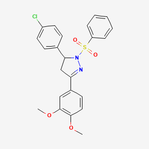 molecular formula C23H21ClN2O4S B2970326 5-(4-chlorophenyl)-3-(3,4-dimethoxyphenyl)-1-(phenylsulfonyl)-4,5-dihydro-1H-pyrazole CAS No. 384355-74-2
