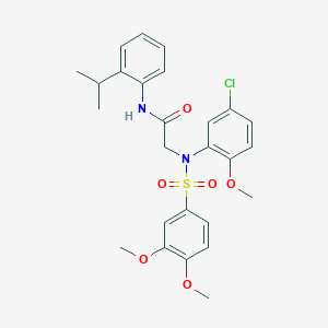 molecular formula C26H29ClN2O6S B297034 2-{5-chloro[(3,4-dimethoxyphenyl)sulfonyl]-2-methoxyanilino}-N-(2-isopropylphenyl)acetamide 