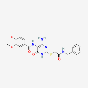 molecular formula C22H23N5O5S B2970345 N-(4-氨基-2-((2-(苄氨基)-2-氧代乙基)硫代)-6-氧代-1,6-二氢嘧啶-5-基)-3,4-二甲氧基苯甲酰胺 CAS No. 868228-06-2