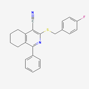 molecular formula C23H19FN2S B2970354 3-[(4-Fluorobenzyl)sulfanyl]-1-phenyl-5,6,7,8-tetrahydro-4-isoquinolinecarbonitrile CAS No. 439096-43-2