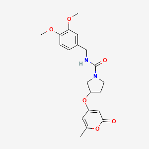 molecular formula C20H24N2O6 B2970403 N-(3,4-dimethoxybenzyl)-3-((6-methyl-2-oxo-2H-pyran-4-yl)oxy)pyrrolidine-1-carboxamide CAS No. 1795477-72-3