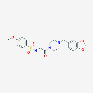 molecular formula C22H27N3O6S B297042 N-{2-[4-(1,3-benzodioxol-5-ylmethyl)piperazin-1-yl]-2-oxoethyl}-4-methoxy-N-methylbenzenesulfonamide 
