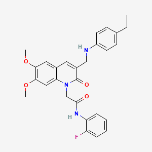 molecular formula C28H28FN3O4 B2970428 2-(3-(((4-乙基苯基)氨基)甲基)-6,7-二甲氧基-2-氧代喹啉-1(2H)-基)-N-(2-氟苯基)乙酰胺 CAS No. 894557-49-4