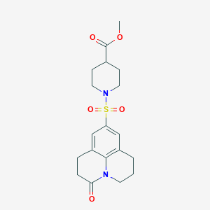 molecular formula C19H24N2O5S B2970472 1-((3-氧代-1,2,3,5,6,7-六氢吡啶并[3,2,1-ij]喹啉-9-基)磺酰基)-4-甲氧基羰基哌啶 CAS No. 896357-65-6