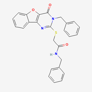 molecular formula C26H21N3O3S B2970507 N-benzyl-2-({5-benzyl-6-oxo-8-oxa-3,5-diazatricyclo[7.4.0.0^{2,7}]trideca-1(9),2(7),3,10,12-pentaen-4-yl}sulfanyl)acetamide CAS No. 866873-65-6