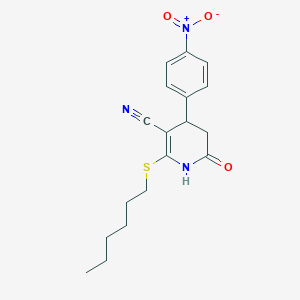 molecular formula C18H21N3O3S B2970515 2-(Hexylsulfanyl)-4-(4-nitrophenyl)-6-oxo-1,4,5,6-tetrahydropyridine-3-carbonitrile CAS No. 361478-07-1