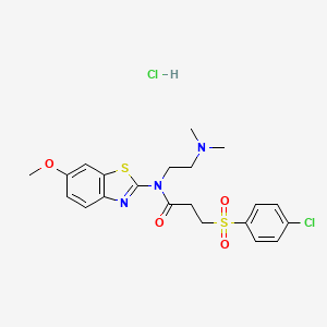 molecular formula C21H25Cl2N3O4S2 B2970560 3-((4-chlorophenyl)sulfonyl)-N-(2-(dimethylamino)ethyl)-N-(6-methoxybenzo[d]thiazol-2-yl)propanamide hydrochloride CAS No. 1219215-98-1