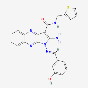 molecular formula C23H18N6O2S B2970569 (E)-2-amino-1-((3-hydroxybenzylidene)amino)-N-(thiophen-2-ylmethyl)-1H-pyrrolo[2,3-b]quinoxaline-3-carboxamide CAS No. 573695-66-6