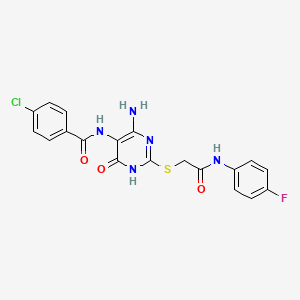 molecular formula C19H15ClFN5O3S B2970590 N-(4-amino-2-((2-((4-fluorophenyl)amino)-2-oxoethyl)thio)-6-oxo-1,6-dihydropyrimidin-5-yl)-4-chlorobenzamide CAS No. 888433-03-2