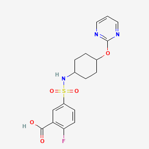 molecular formula C17H18FN3O5S B2970667 2-fluoro-5-(N-((1r,4r)-4-(pyrimidin-2-yloxy)cyclohexyl)sulfamoyl)benzoic acid CAS No. 2034278-88-9