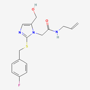 molecular formula C16H18FN3O2S B2970702 N-烯丙基-2-(2-((4-氟苄基)硫代)-5-(羟甲基)-1H-咪唑-1-基)乙酰胺 CAS No. 921796-20-5
