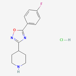 molecular formula C13H15ClFN3O B2970706 5-(4-Fluorophenyl)-3-(piperidin-4-yl)-1,2,4-oxadiazole hydrochloride CAS No. 1205638-85-2