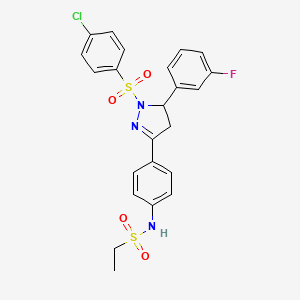 molecular formula C23H21ClFN3O4S2 B2970730 N-[4-[2-(4-chlorophenyl)sulfonyl-3-(3-fluorophenyl)-3,4-dihydropyrazol-5-yl]phenyl]ethanesulfonamide CAS No. 851781-74-3