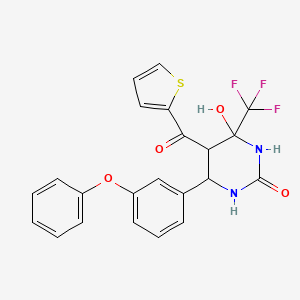 molecular formula C22H17F3N2O4S B2970754 4-Hydroxy-6-(3-phenoxyphenyl)-5-(thiophene-2-carbonyl)-4-(trifluoromethyl)-1,3-diazinan-2-one CAS No. 1005096-49-0