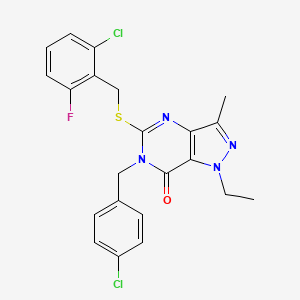 molecular formula C22H19Cl2FN4OS B2970769 5-((2-chloro-6-fluorobenzyl)thio)-6-(4-chlorobenzyl)-1-ethyl-3-methyl-1H-pyrazolo[4,3-d]pyrimidin-7(6H)-one CAS No. 1358282-25-3