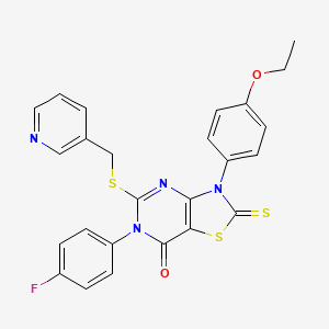 molecular formula C25H19FN4O2S3 B2970789 3-(4-Ethoxyphenyl)-6-(4-fluorophenyl)-5-(pyridin-3-ylmethylsulfanyl)-2-sulfanylidene-[1,3]thiazolo[4,5-d]pyrimidin-7-one CAS No. 422299-86-3