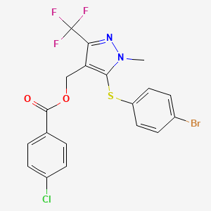 molecular formula C19H13BrClF3N2O2S B2970809 [5-(4-Bromophenyl)sulfanyl-1-methyl-3-(trifluoromethyl)pyrazol-4-yl]methyl 4-chlorobenzoate CAS No. 318239-61-1