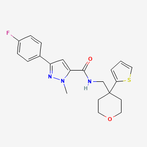 molecular formula C21H22FN3O2S B2970866 3-(4-fluorophenyl)-1-methyl-N-((4-(thiophen-2-yl)tetrahydro-2H-pyran-4-yl)methyl)-1H-pyrazole-5-carboxamide CAS No. 1396868-61-3