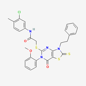 molecular formula C29H25ClN4O3S3 B2970933 N-(3-氯-4-甲基苯基)-2-((6-(2-甲氧基苯基)-7-氧代-3-苯乙基-2-硫代-2,3,6,7-四氢噻唑并[4,5-d]嘧啶-5-基)硫代)乙酰胺 CAS No. 422306-77-2