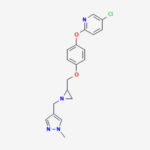 molecular formula C19H19ClN4O2 B2970986 5-Chloro-2-[4-[[1-[(1-methylpyrazol-4-yl)methyl]aziridin-2-yl]methoxy]phenoxy]pyridine CAS No. 2418671-55-1