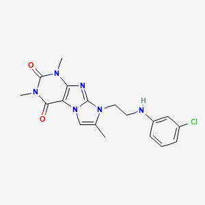 molecular formula C18H19ClN6O2 B2970989 8-(2-((3-氯苯基)氨基)乙基)-1,3,7-三甲基-1H-咪唑并[2,1-f]嘌呤-2,4(3H,8H)-二酮 CAS No. 923685-32-9