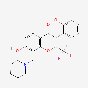 molecular formula C23H22F3NO4 B2971017 7-hydroxy-3-(2-methoxyphenyl)-8-(piperidin-1-ylmethyl)-2-(trifluoromethyl)-4H-chromen-4-one CAS No. 303119-40-6