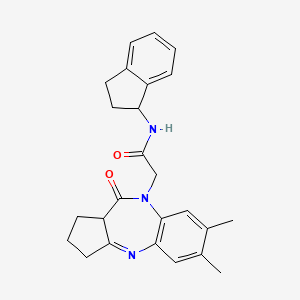 molecular formula C25H27N3O2 B2971037 N-(2,3-dihydro-1H-inden-1-yl)-2-{12,13-dimethyl-8-oxo-2,9-diazatricyclo[8.4.0.0^{3,7}]tetradeca-1(10),2,11,13-tetraen-9-yl}acetamide CAS No. 1251611-55-8