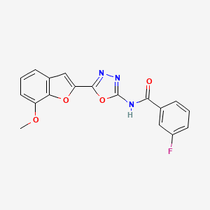 molecular formula C18H12FN3O4 B2971044 3-氟-N-(5-(7-甲氧基苯并呋喃-2-基)-1,3,4-恶二唑-2-基)苯甲酰胺 CAS No. 922017-21-8