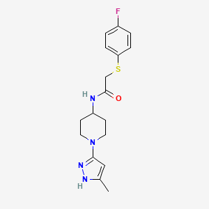 molecular formula C17H21FN4OS B2971055 2-((4-fluorophenyl)thio)-N-(1-(5-methyl-1H-pyrazol-3-yl)piperidin-4-yl)acetamide CAS No. 2034200-56-9