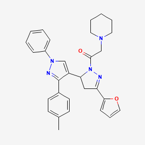molecular formula C30H31N5O2 B2971068 1-(5-(furan-2-yl)-1'-phenyl-3'-(p-tolyl)-3,4-dihydro-1'H,2H-[3,4'-bipyrazol]-2-yl)-2-(piperidin-1-yl)ethanone CAS No. 956247-13-5