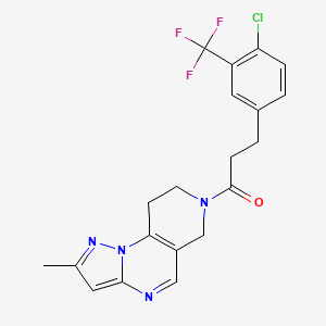 molecular formula C20H18ClF3N4O B2971071 3-(4-chloro-3-(trifluoromethyl)phenyl)-1-(2-methyl-8,9-dihydropyrazolo[1,5-a]pyrido[3,4-e]pyrimidin-7(6H)-yl)propan-1-one CAS No. 1797287-81-0