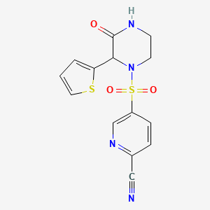 molecular formula C14H12N4O3S2 B2971111 5-{[3-Oxo-2-(thiophen-2-yl)piperazin-1-yl]sulfonyl}pyridine-2-carbonitrile CAS No. 1825331-59-6