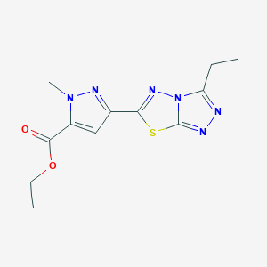 molecular formula C12H14N6O2S B2971127 Ethyl 3-(3-ethyl-[1,2,4]triazolo[3,4-b][1,3,4]thiadiazol-6-yl)-1-methyl-1H-pyrazole-5-carboxylate CAS No. 1006326-48-2