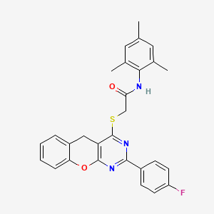 molecular formula C28H24FN3O2S B2971155 2-((2-(4-fluorophenyl)-5H-chromeno[2,3-d]pyrimidin-4-yl)thio)-N-mesitylacetamide CAS No. 866811-25-8
