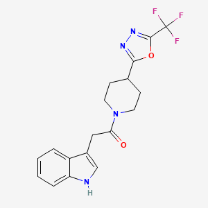 molecular formula C18H17F3N4O2 B2971199 2-(1H-indol-3-yl)-1-(4-(5-(trifluoromethyl)-1,3,4-oxadiazol-2-yl)piperidin-1-yl)ethanone CAS No. 1396857-43-4