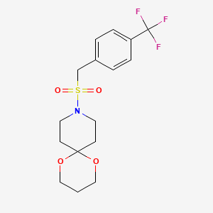 molecular formula C16H20F3NO4S B2971213 9-((4-(Trifluoromethyl)benzyl)sulfonyl)-1,5-dioxa-9-azaspiro[5.5]undecane CAS No. 1396862-40-0
