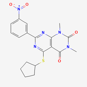 molecular formula C19H19N5O4S B2971276 5-Cyclopentylsulfanyl-1,3-dimethyl-7-(3-nitrophenyl)pyrimido[4,5-d]pyrimidine-2,4-dione CAS No. 872854-64-3