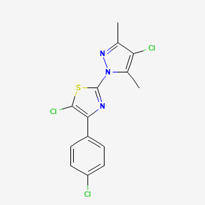 molecular formula C14H10Cl3N3S B2971353 5-氯-2-(4-氯-3,5-二甲基-1H-吡唑-1-基)-4-(4-氯苯基)-1,3-噻唑 CAS No. 956187-27-2