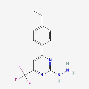 molecular formula C13H13F3N4 B2971355 4-(4-Ethylphenyl)-2-hydrazino-6-(trifluoromethyl)-pyrimidine CAS No. 861439-49-8
