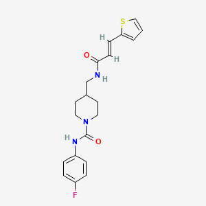 molecular formula C20H22FN3O2S B2971360 (E)-N-(4-fluorophenyl)-4-((3-(thiophen-2-yl)acrylamido)methyl)piperidine-1-carboxamide CAS No. 1235689-15-2