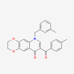 molecular formula C27H23NO4 B2971383 8-(4-Methylbenzoyl)-6-[(3-methylphenyl)methyl]-2,3-dihydro-[1,4]dioxino[2,3-g]quinolin-9-one CAS No. 866016-74-2