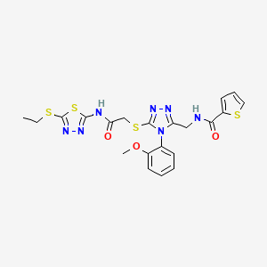 molecular formula C21H21N7O3S4 B2971457 N-({5-[({[5-(ethylsulfanyl)-1,3,4-thiadiazol-2-yl]carbamoyl}methyl)sulfanyl]-4-(2-methoxyphenyl)-4H-1,2,4-triazol-3-yl}methyl)thiophene-2-carboxamide CAS No. 394215-45-3