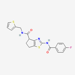 molecular formula C19H16FN3O2S2 B2971469 2-(4-fluorobenzamido)-N-(thiophen-2-ylmethyl)-5,6-dihydro-4H-cyclopenta[d]thiazole-4-carboxamide CAS No. 942004-86-6