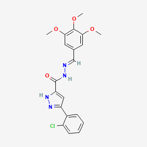 molecular formula C20H19ClN4O4 B2971563 (E)-3-(2-chlorophenyl)-N'-(3,4,5-trimethoxybenzylidene)-1H-pyrazole-5-carbohydrazide CAS No. 1310355-89-5