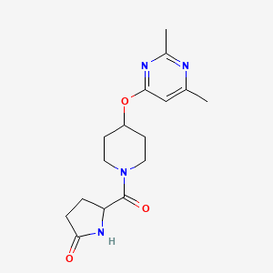 molecular formula C16H22N4O3 B2971612 5-(4-((2,6-二甲基嘧啶-4-基)氧代)哌啶-1-羰基)吡咯烷-2-酮 CAS No. 2034202-15-6