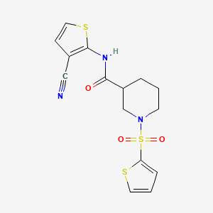 molecular formula C15H15N3O3S3 B2971616 N-(3-cyanothiophen-2-yl)-1-(thiophen-2-ylsulfonyl)piperidine-3-carboxamide CAS No. 921504-13-4