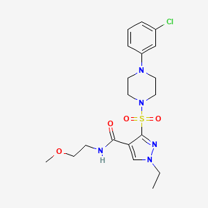 molecular formula C19H26ClN5O4S B2971686 2-{[4-乙基-5-(1-甲基-3-苯基-1H-吡唑-4-基)-4H-1,2,4-三唑-3-基]硫代}-N-[2-(三氟甲基)苯基]乙酰胺 CAS No. 1251683-22-3