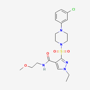 molecular formula C19H26ClN5O4S B2971686 2-{[4-ethyl-5-(1-methyl-3-phenyl-1H-pyrazol-4-yl)-4H-1,2,4-triazol-3-yl]thio}-N-[2-(trifluoromethyl)phenyl]acetamide CAS No. 1251683-22-3